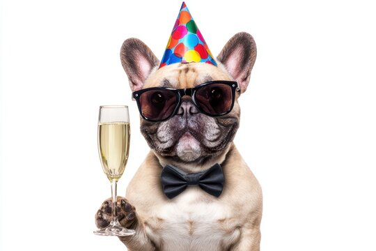 Happy French Bulldog in polka dot party hat and sunglasses holding champagne on white background.