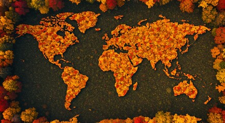 Autumnal World Map: A Stunning Aerial View of Fall Foliage Forming the Continents