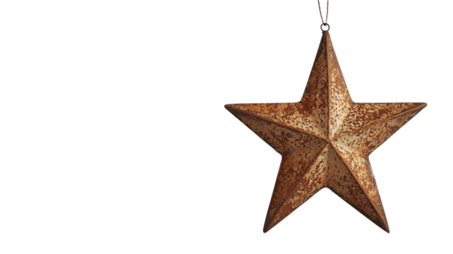 Rustic star ornament hanging gracefully against a bright background, embodying a warm, nostalgic spirit that enhances any festive celebration throughout the year.