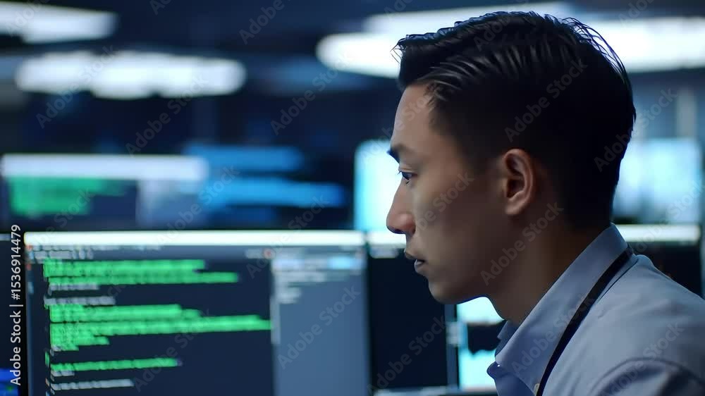 Poster asian man working diligently at computer screen analyzing data code in dark room
