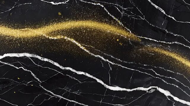 Shimmering gold glitter wave on black marble background with white veins. Texture, surface, stone pattern