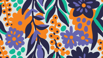 A vibrant floral pattern featuring orange, purple, and green elements on a light background design style