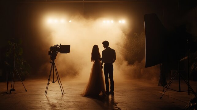 Fashion photographer directing model on a studio runway
