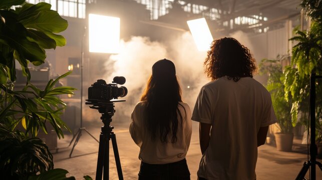 Fashion photographer directing model on a studio runway