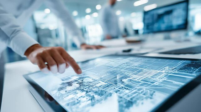 Futuristic tech workplace with interactive touchscreen and diverse professionals in motion. Technology, innovation, creativity, business