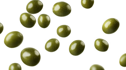 Floating green olives in a captivating display of culinary elegance against a pristine background evoke the freshness of Mediterranean cuisine.