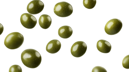 Floating green olives in a captivating display of culinary elegance against a pristine background evoke the freshness of Mediterranean cuisine.