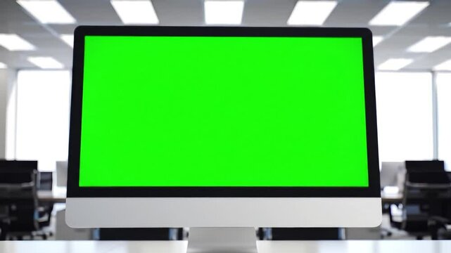 Modern computer monitor with green screen display in bright office workspace