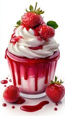 Delicious strawberry dessert with whipped cream and sauce in a glass cup