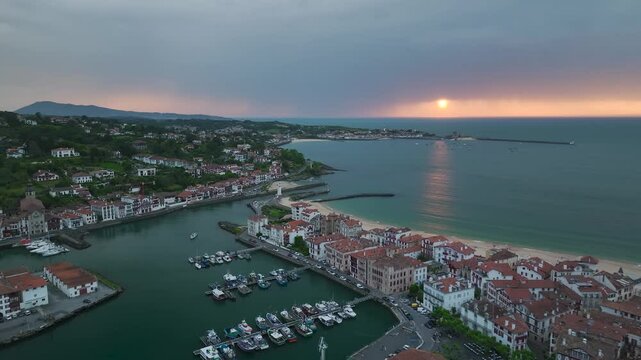 Sunset over Saint-Jean-de-Luz from a drone, Nouvelle-Aquitaine, Pyrenees-Atlantiques, France, Europe