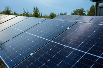 Close-up of solar panels in rural field generating renewable energy from sunlight with blurred...