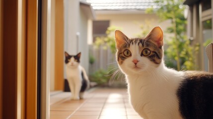 Friendly cats greeting visitors at the door, warm and welcoming vibe, interior hallway,