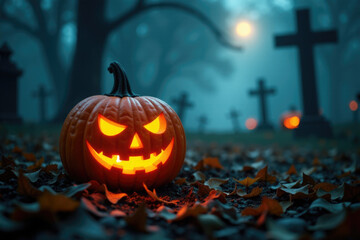 Fototapeta premium A spooky halloween pumpkin sits amidst tombstones in a quiet cemetery