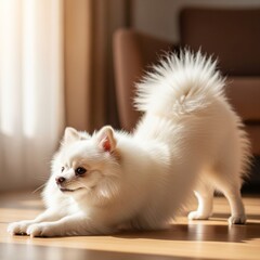 Cute Fluffy Dog in Downward Dog Pose