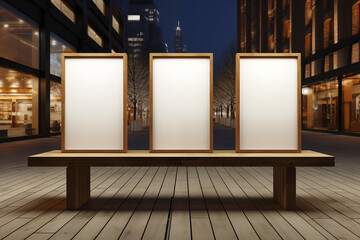 Three empty white picture frames placed on a wooden table.3D render.