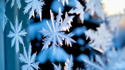 Close-up of delicate frost crystals forming intricate snowflake patterns on a windowpane during the cold winter season. - Powered by Adobe