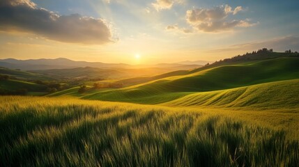 Obraz premium golden hour in the countryside, warm sun rays over rolling hills