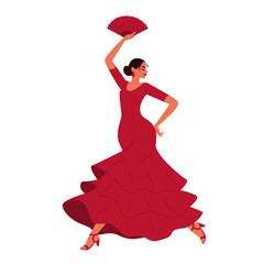 Woman in red dress dancing flamenco. hair in a bun, fan, graceful movements. Modern illustration