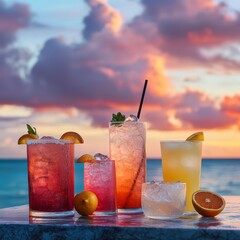 Refreshing sunset cocktails at tropical paradise capturing vacation vibes orange garnish and colorful drinks