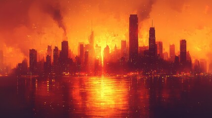 Fototapeta premium Cityscape skyline painting in fiery orange and crimson hues reflecting in the water painting design