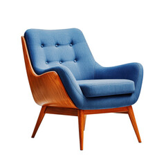 Retro Armchair in Blue Fabric with Wooden Legs, Comfortable Design for Modern Living Room and Stylish Home Decor transparent background