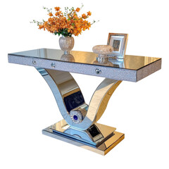 Elegant mirrored console table with floral arrangement and decorative accents for modern interior design transparent background