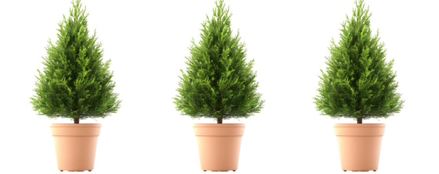 A beautiful arrangement of three lush shrubs in brown pots, idea