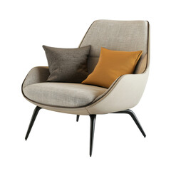 Modern Minimalist Chair Design with Textured Fabric and Accent Pillows in Neutral Tones for Contemporary Interiors transparent background