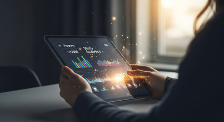 A female student hands holding a digital tablet showing vibrant study analytics with glowing chart and graph, symbolizing educational data insight in a modern, tech-driven learning environment.