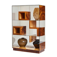 Elegant display cabinet showcasing modern art vases and wooden cube sculptures in contemporary interior design setting transparent background