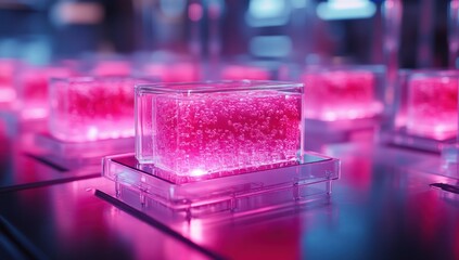 Futuristic pink cubic containers with glowing interior
