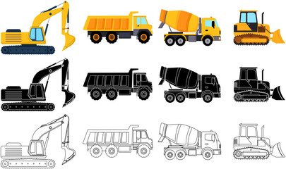Construction Vehicles Excavator, Tipper Truck, Cement Mixer, Bulldozer design assets in colour, black and white fills with adjustable stroke weights