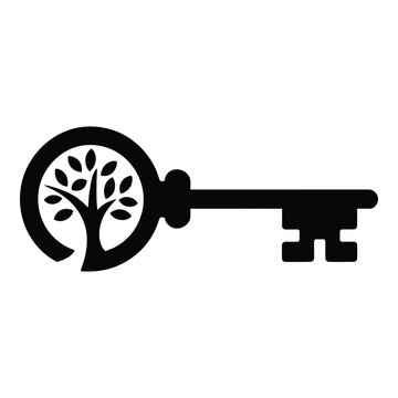 A key with a tree inside the head isolated on white background