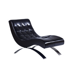 Elegant black leather lounge chair with sleek design and modern chrome base perfect for contemporary living spaces transparent background
