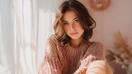 Fashion-forward young woman in cozy sweater attire, seated calmly in a well-lit room, conveying warmth and tranquility