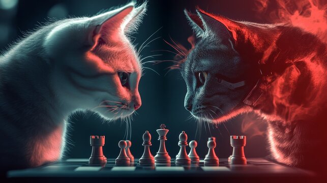Intelligent cats playing chess or interacting with touch screens, futuristic theme,