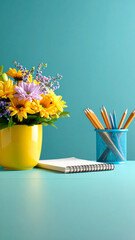 A vibrant workspace with a yellow vase of flowers beside a notepad and pencils in a blue holder on a turquoise desk