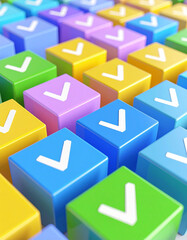Colorful cubes with white checkmarks arranged in rows, featuring various hues including yellow, blue, green, and purple. No people present