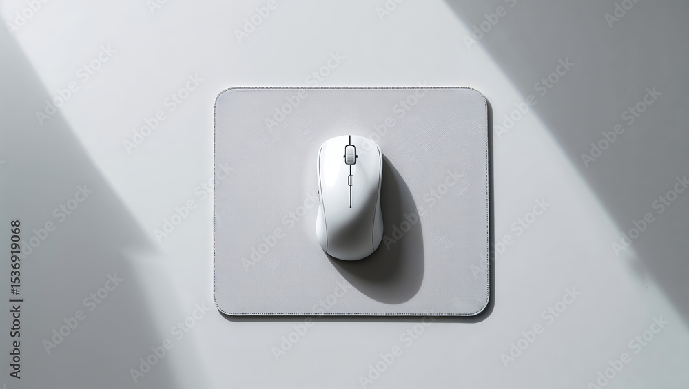 Aufkleber white computer mouse positioned on a light gray mousepad with soft shadows in the background