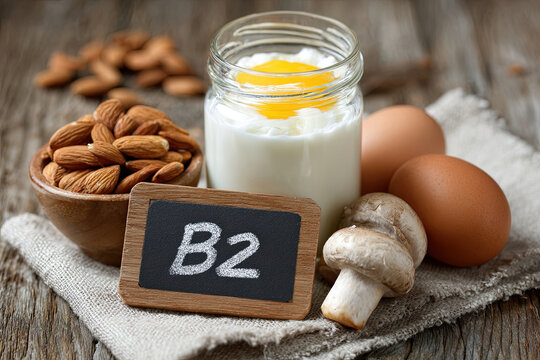 Farmhouse still life of riboflavin-rich foods with chalkboard vitamin b2 label