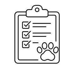 Checklist clipboard with paw – represents pet care plan or task list, outline icon