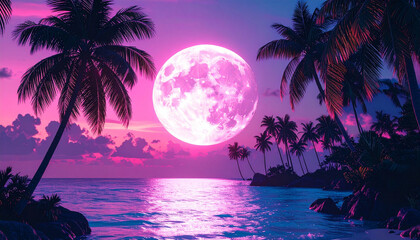 A tropical beach illuminated by a vibrant pink full moon, with palm trees silhouetted against the colorful night sky. Tranquil ocean waves reflect the vivid hues