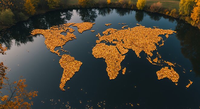 Autumnal World Map: Leaves on Water