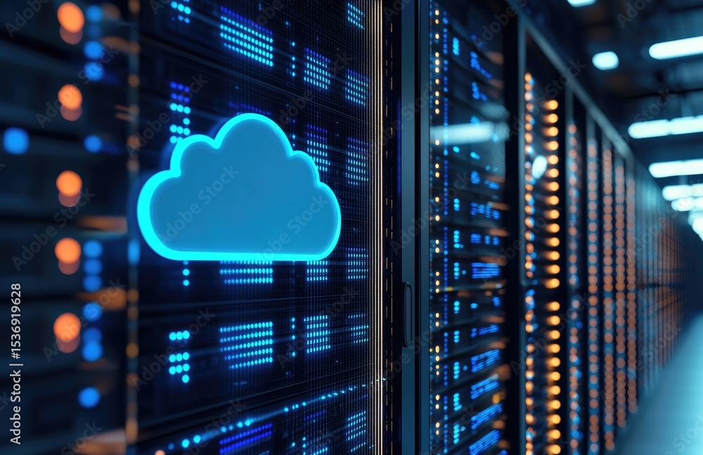 Poster glowing blue cloud icon on server rack wall in a modern data center aisle, symbolizing cloud storage