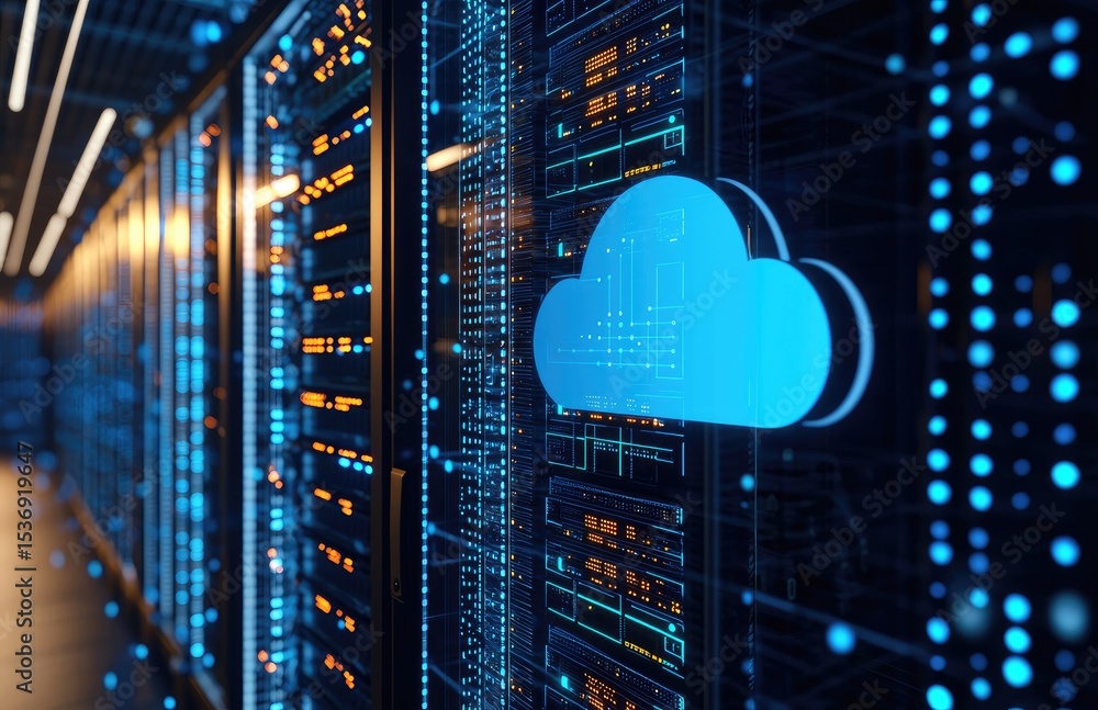 Poster Futuristic data center with glowing blue cloud and illuminated circuit patterns, illustrating cloud computing, secure data transfer, and high-performance digital networks