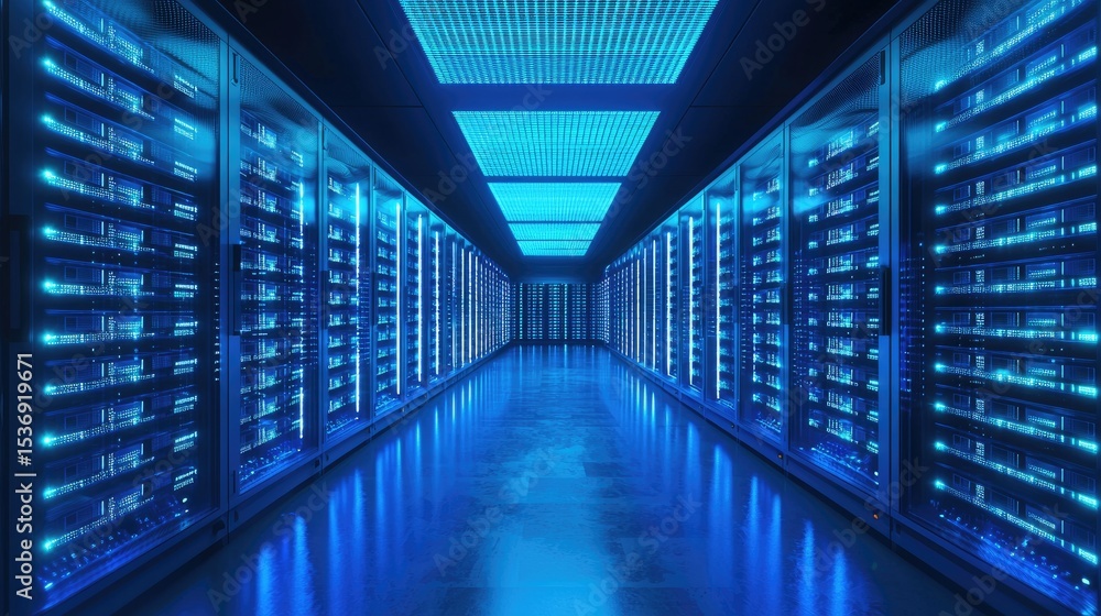 Poster bright blue-lit server room filled with high-capacity racks and sleek reflective floors, ideal for i