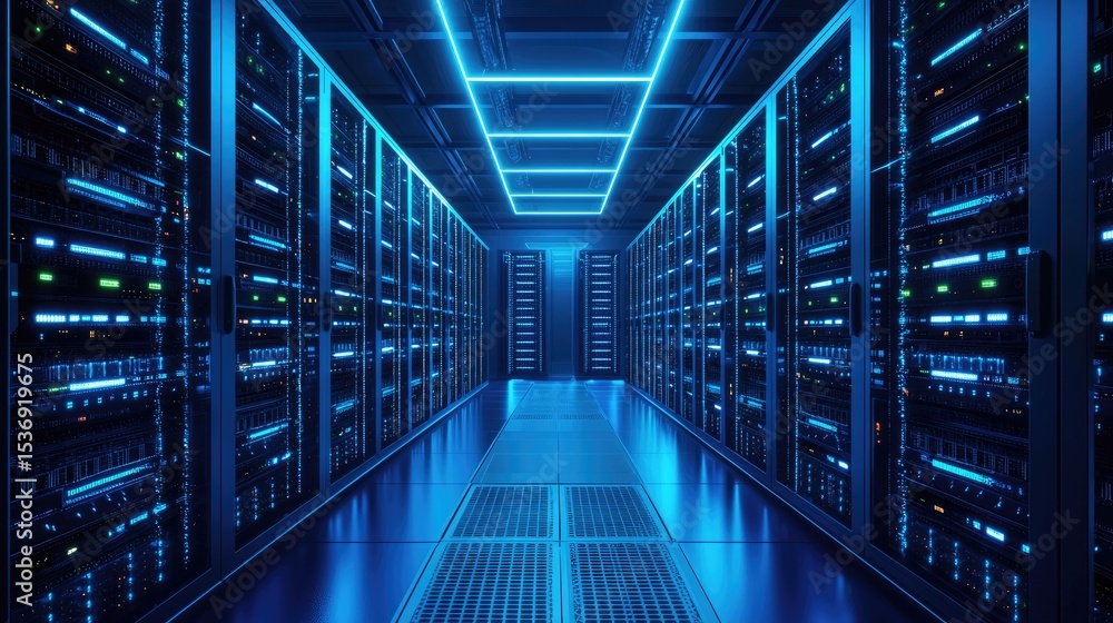 Aufkleber Advanced blue-lit server room with ceiling grid lights and organized racks, perfect for visuals related to data infrastructure, cybersecurity, and cloud-based technology platforms