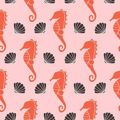 Cute hand drawn red seahorses and brown seashells summertime seamless vector pattern background illustration