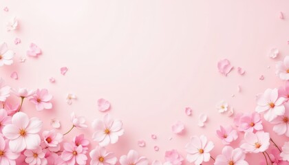 Delicate pink cherry blossom flowers on matching pink background, serene spring scene