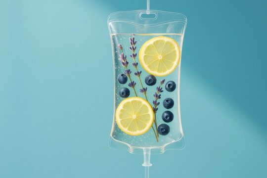 colorful iv bag filled with infused water featuring fresh lemons, blueberries, and lavender against a vibrant blue background, promoting wellness and hydration